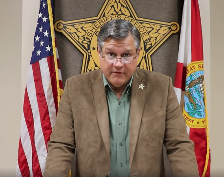 Sheriff Mark Hunter speaks Tuesday on the suspensions of Deputy Jayme Gohde and Sgt. Randy Harrison following the Oct. 31 arrest of James Hodges. (COURTESY)