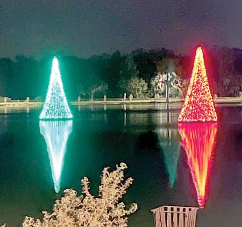 Two floating, lighted Christmas trees have been added to Lake DeSoto for this year’s holiday season. The trees will be lit on Friday, the day after Thanksgiving. (COURTESY)