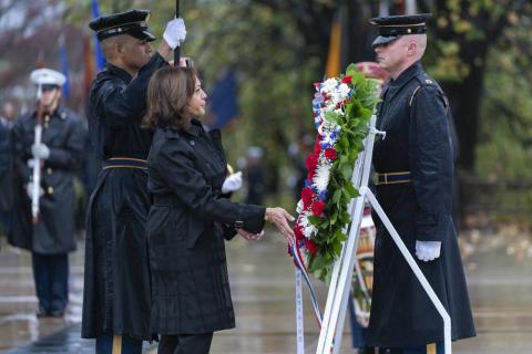 Vice President Kamala Harris lays a wreath at the Tomb of the Unknown Soldier during the National Veterans Day observance at Arlington National Cemetery, on Friday in Arlington, Va. (MANUEL BALCE CENETA/Associated Press)