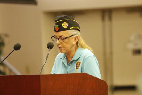 Rustyann Brown, a member of the American Legion Post 57, discusses the need for additional support for veterans from the county’s office Thursday. (JAMIE WACHTER/Lake City Reporter)