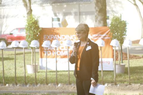 HCA Florida Lake City Hospital CEO Jill Adams announces the $88 million expansion project Tuesday prior to a ceremonial groundbreaking. (JAMIE WACHTER/Lake City Reporter)