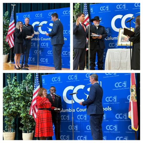 Columbia School Board members Cherie Hill (top left, clockwise), Hunter Peeler and Narrie Smith are sworn into term during Tuesday's school board meeting. (COURTESY PHOTOS)