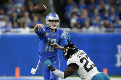 Detroit Lions quarterback Jared Goff is pressured by Jacksonville Jaguars linebacker Foyesade Oluokun during Sunday's game in Detroit. (DUANE BURLESON/Associated Press)