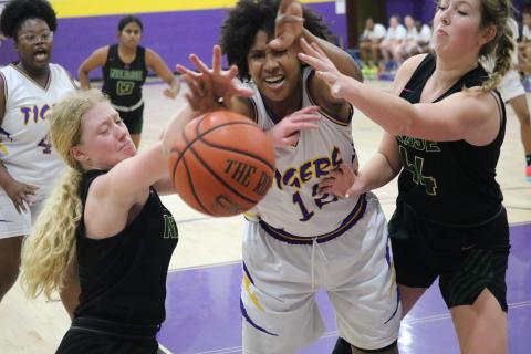 Columbia forward Jolena Gardner (middle) fights for a rebound with Nease guard Camryn Robinson (left) and Nease forward Madilyn Ray on Tuesday night. (JORDAN KROEGER/Lake City Reporter)