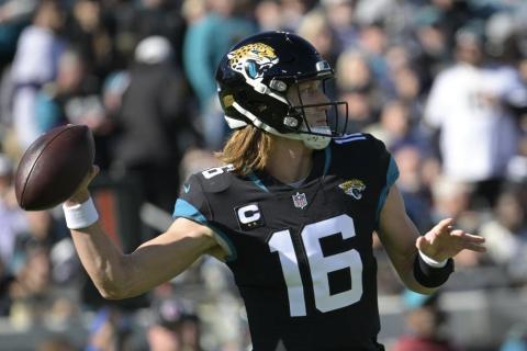 Jacksonville Jaguars quarterback Trevor Lawrence throws a pass against the Dallas Cowboys on Sunday in Jacksonville. (PHELAN M. EBENHACK/Associated Press)