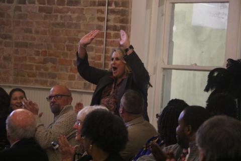 Richardson Sixth Grade Academy Principal Lisa Lee reacts after being named the Columbia County School District’s Principal of the Year during the ‘Excellence in Education’ banquet Thursday night at The Blanche Hotel. (MORGAN MCMULLEN/Lake City Reporter)