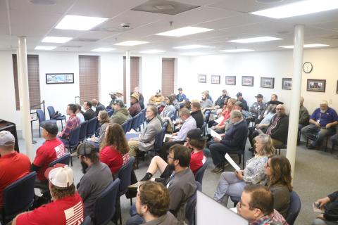 A crowd, including a number of HAECO employees, attended the Lake City Council’s special meeting Wednesday to consider a long-term lease with the aerospace company at Florida Gateway Airport. (MORGAN MCMULLEN/Lake City Reporter)
