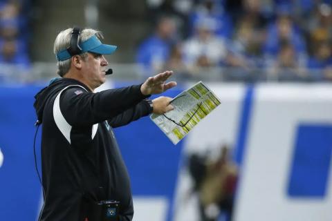 Jacksonville Jaguars head coach Doug Pederson signals from the sideline during Sunday’s against the Detroit Lions in Detroit. (DUANE BURLESON/Associated Press)