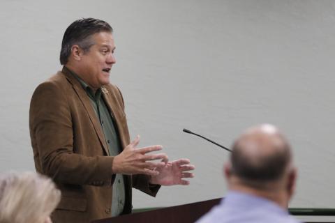 Columbia County Sheriff Mark Hunter speaks at the Legislation Delegation hearing Monday in support of county’s proposed crime scene evidence building. (JAMIE WACHTER/Lake City Reporter)