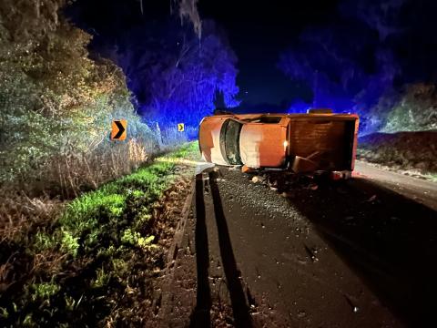 Nobody was injured when a pickup overturned Saturday night on County Road 249 in Suwannee County. (COURTESY SUWANNEE COUNTY FIRE RESCUE)