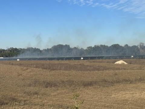 A brush fire at the Florida Power & Light Echo River Solar Energy Center in Wellborn was contained after 20 acres on Monday afternoon. Nobody was injured and no solar panels or equipment were damaged. (COURTESY SUWANNEE COUNTY FIRE RESCUE)