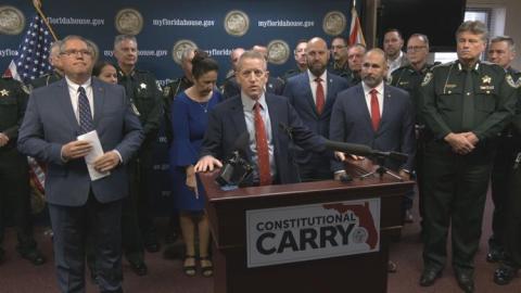 Speaker of the House Paul Renner (R-Palm Coast) announces legislation filed to allow ‘constitutional carry’ in Florida. Renner is joined on his right by Rep. Chuck Brannan, a Macclenny Republican who represents Columbia County, who filed the bill, other legislators and sheriffs from across the state. (NEWS SERVICE OF FLORIDA)