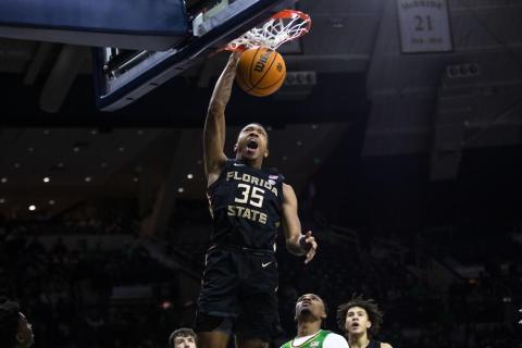 Florida State's Matthew Cleveland dunks against Notre Dame on Tuesday in South Bend, Ind. (MICHAEL CATERINA/Associated Press)