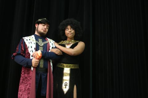 Gian Rivera (from left) portraying King Henry VIII, and Leondra Brown, portraying Cleopatra, rehearse scenes for the upcoming dinner-theatre production ‘Night at the Wax Museum.’ (TONY BRITT/Lake City Reporter)