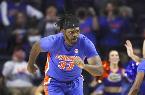 Florida center Jason Jitoboh runs up court after making a shot against Alabama on Jan. 5, 2022, in Gainesville. (MATT STAMEY/Associated Press)