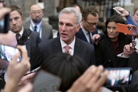 Rep. Kevin McCarthy, R-Calif., talks to reporters as he leaves the House floor after the House voted to adjourn for the evening as the House met for a third day to try and elect a speaker on Capitol Hill on Thursday. (JOSE LUIS MAGANA/Associated Press)