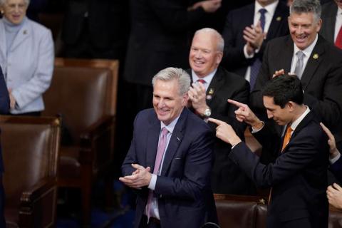 Rep. Kevin McCarthy, R-Calif., smiles after winning the 15th vote in the House chamber as the House enters the fifth day trying to elect a speaker and convene the 118th Congress in Washington, early Saturday, Jan. 7, 2023. (AP Photo/ALEX BRANDON/Associated Press)