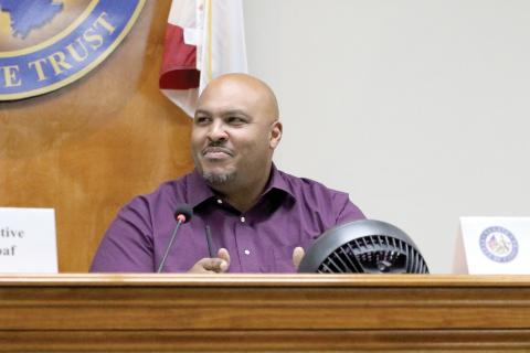 Sen. Corey Simon (R-Tallahassee) comments about the fan used by Suwannee County Commission Chairman Franklin White at the county’s legislative delegation hearing Friday. (JAMIE WACHTER/Lake City Reporter)