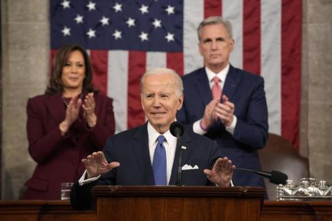 President Joe Biden delivers the State of the Union address to a joint session of Congress at the U.S. Capitol on Tuesday in Washington, as Vice President Kamala Harris and House Speaker Kevin McCarthy of Calif., applaud. (JACQUELYN MARTIN/AP Pool)