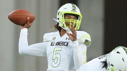 California high schooler Jaden Rashada passes during the Under Armour All-American game at Camping World Stadium on Jan. 3 in Orlando. (STEPHEN M. DOWELL/TNS)