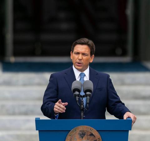 Florida Gov. Ron DeSantis, giving a speech during his inauguration ceremony in January, proposed a record $115 billion budget on Wednesday. (MATIAS J. OCNER/Miami Herald/TNS)