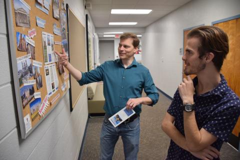 Florida Gateway College student Cade Mesnard (right) and FGC instructor Michael Baker discuss the college’s Study Abroad Program, which will take place in the United Kingdom. (COURTESY)