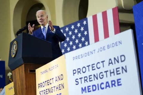 President Joe Biden speaks about his administration’s plans to protect Social Security and Medicare on Thursday at the University of Tampa. (PATRICK SEMANSKY/Associated Press)