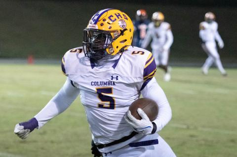 Columbia linebacker Jaden Robinson returns an interception for a touchdown against Escambia during the Region 1-3S semifinals on Nov. 18, 2022. (FILE)