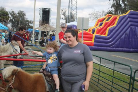 West-Lynn Eversole, 18 months, is secured to a pony by Doris Whitehead as Landon Green, 8, follows on the next pony at a vendor ride during opening day activities for the 44th Annual Olustee Festival which took place in Wilson Park adjacent to Lake DeSoto. The festival continues this morning  with a 5K race, Fun Run and vendors opening and performers beginning entertainment at 9 a.m. (TONY BRITT/Lake City Reporter)