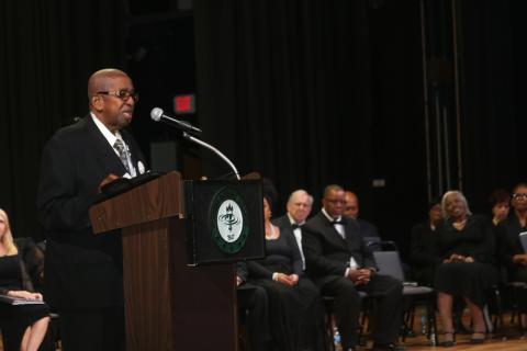 Rodney Brown, the first African-American student to attend Lake City Junior College, addresses the audience during the 2023 Florida Gateway College Black History Month program as the keynote speaker. (TONY BRITT/Lake City Reporter)
