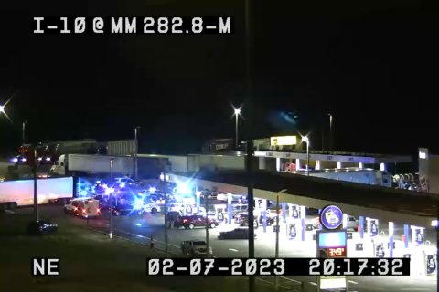 Law enforcement vehicles lined the north front side of the Live Oak Busy Bee following an officer-involved shooting Tuesday evening. (COURTESY FLORIDA 511)