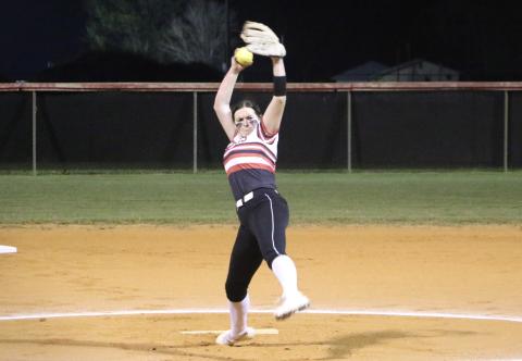 Fort White pitcher Kadence Compton delivers a pitch Friday night. Compton struck out 12 and allowed no hits to Madison County. (MORGAN MCMULLEN/Lake City Reporter)
