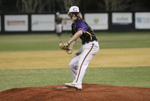 Columbia pitcher Trayce McKenzie-Starling winds up to throw against Gainesville on March 3. (JORDAN KROEGER/Lake City Reporter)