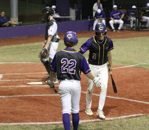 Columbia outfielder Carston Palmer (3) high-fives outfielder Branson Mann (22) after scoring a run against Gainesville on Friday night. (JORDAN KROEGER/Lake City Reporter)