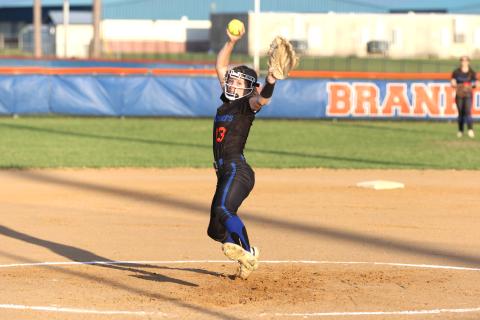 Branford pitcher Alex Whitfield winds up to pitch against Fort White on Thursday night. (MORGAN MCMULLEN/Lake City Reporter)