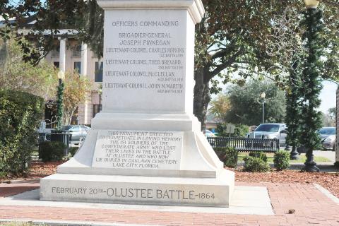 The Battle of Olustee Monument, which honors local soldiers killed in the Civil War battle in Baker County, sits in downtown Olustee Park. Attempts to move the monument could lead to lawsuits according to a bill moving through the Florida Senate. (FILE)
