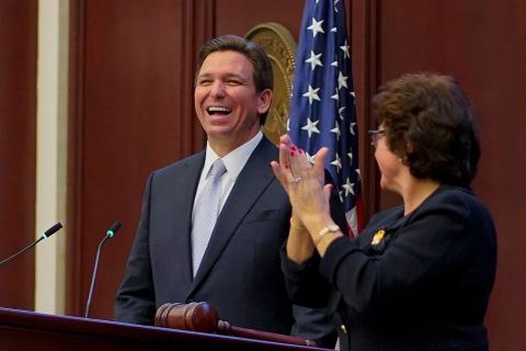 Florida Gov. Ron DeSantis delivers the ‘State of the State’ address at the Florida State Capitol in Tallahassee Tuesday. (CHENEY ORR/AFP via Getty Images/TNS)