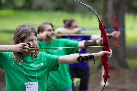 Youth learn archery at Camp Cherry Lake in Madison during a Florida 4-H Summer Camp. (UF/IFAS PHOTO BY TYLER JONES)