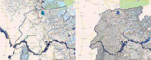 LEFT: The current FEMA flood risk map for the Santa Fe Watershed, which shows areas in light blue and dark blue that are in flood zones. RIGHT: The draft preliminary FEMA flood risk map for the Santa Fe Watershed, which is inundated with flood zones throughout the lower half of Columbia County. Comments on the maps is accepted through April 30. (COURTESY GRAPHICS)