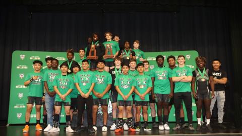 Suwannee’s weightlifting team poses with its two trophies after sweeping the District 5-1A titles on Friday. (PAUL BUCHANAN/Special to the Reporter)
