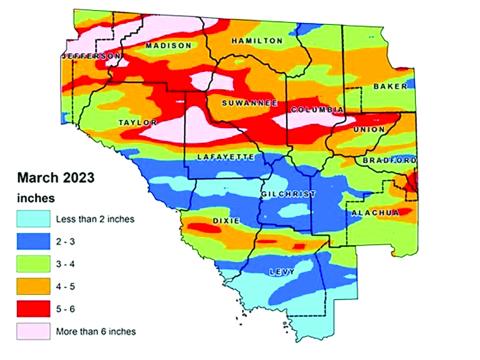 The Suwannee River Water Management District, on average, received below-normal rainfall in March, although some areas received more than six inches. (COURTESY)