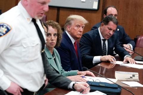 Former U.S. president Donald Trump appears in court at the Manhattan Criminal Court in New York on Tuesday. (SETH WENIG/Getty Images/TNS)
