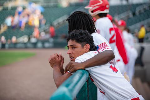 Lafayette outfielder Kevin Posada is consoled by a teammate after losing to Chipley in the Class 1A state championship game on Thursday at Hammond Stadium in Fort Myers. (JESSICA PILAND/Special to the Reporter)