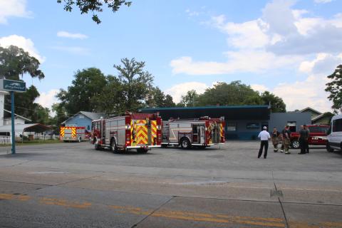 Lake City Fire Department trucks respond to a fire at the Greyhound bus station on Wednesday afternoon. (TONY BRITT/Lake City Reporter)