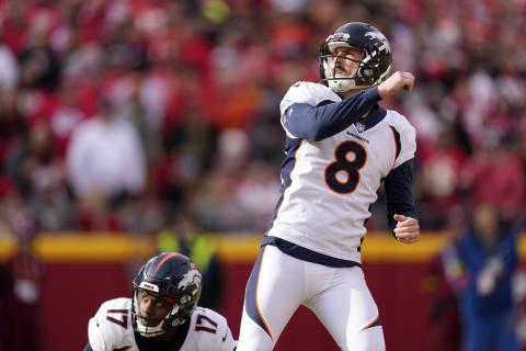 Former Denver Broncos kicker Brandon McManus watches his 49-yard field goal against the Kansas City Chiefs on Jan. 1 in Kansas City, Mo. (CHARLIE RIEDEL/AP File)