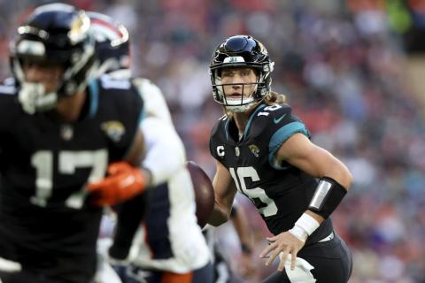 Jacksonville Jaguars quarterback Trevor Lawrence looks to pass against Denver Broncos at Wembley Stadium Oct. 30, 2022, in London. (IAN WALTON/Associated Press)