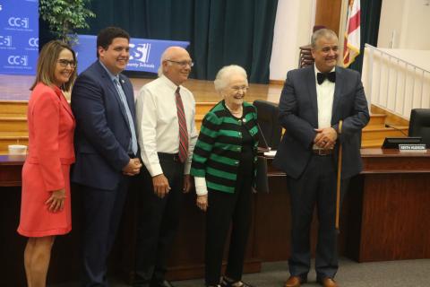 Former Melrose Elementary and Columbia City Elementary teacher Imogene Miller (second from right) shares a laugh with CCS Board members Cherie Hill (from left), Hunter Peeler, Keith Hudson and Superintendent Lex Carswell during Tuesday evening’s ceremony honoring five ‘Teachers of a Lifetime.’ (MORGAN MCMULLEN/Lake City Reporter)