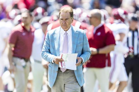 Alabama head coach Nick Saban paces as his team warms up before Alabama's A-Day on April 22 in Tuscaloosa, Ala. (VASHA HUNT/AP File)