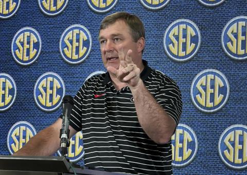Georgia football coach Kirby Smart speaks during the SEC's spring meetings on Tuesday in Destin. (RALPH D. RUSSO/Associated Press)