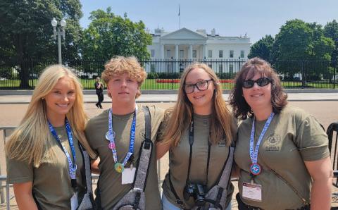 Ella Hancock (from left) of Lafayette High, Elijah Dockery of Columbia High, Sarah Welch of Hamilton County High, and Suwannee Valley Electric Cooperative Member Engagement Team Leader Denny Tompkins pose in front of the White House on the group’s recent trip to Washington, D.C., as part of the SVEC’s efforts to send kids to speak with youth from around the nation about the impact of local electric cooperatives in rural communities. (COURTESY)